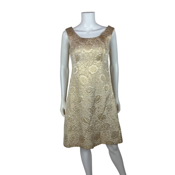 Vintage 60s Brocade Dress Womens Small Gold Floral Cocktail Shift - Picture 2 of 11